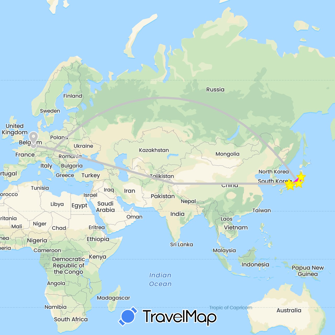 TravelMap itinerary: driving, hiking, flug, bus, zug, shinkansen in Austria, Japan, Luxembourg (Asia, Europe)